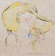 Jean Adrien Mercier Drawing Illustration Watercolor Portrait Woman Bouquet Hat