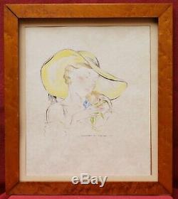 Jean Adrien Mercier Drawing Illustration Watercolor Portrait Woman Bouquet Hat