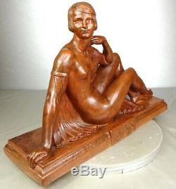 Joe 1920/1930 Descomps Grde Rare Statue Sculpture Art Deco Woman Naked Clay