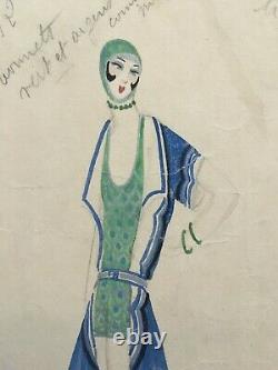 José De Zamora (1889-1971) Gouache C-1930 Fashion Art Deco Femme La Plage Paris