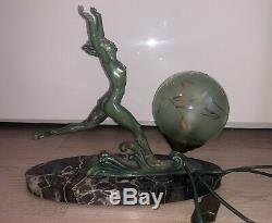 Lamp Art Deco Sculpture Regulates 1930 Old Blue Emerald Antique Naked Woman