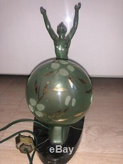 Lamp Art Deco Sculpture Regulates 1930 Old Blue Emerald Antique Naked Woman