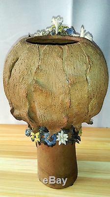 Large Anthropomorphe Lamp Woman With Flowers Signed Jb In Terracotta