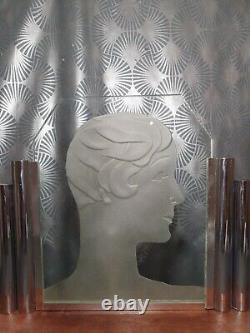 Large Art Deco Lamp 1930 Glass Plaque Woman with Boyish Cut