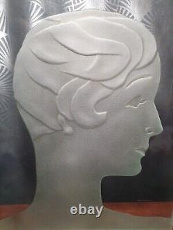 Large Art Deco Lamp 1930 Glass Plaque Woman with Boyish Cut