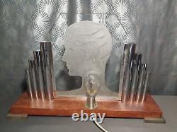 Large Art Deco Lamp 1930 Glass Plaque Woman with Boyish Cut