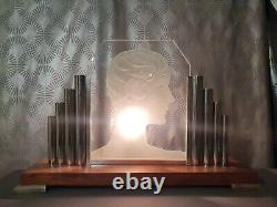 Large Art Deco Lamp 1930 Glass Plaque Woman with Boyish Cut