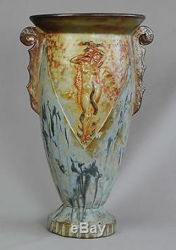 Large Art Deco Stoneware Vase Nude Woman Art Nouveau Stoneware Roger Guerin Belgium