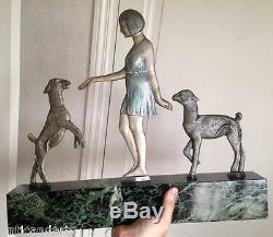 Large Bronze Polychrome Art Deco Woman Lambs Signed Janle