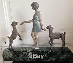 Large Bronze Polychrome Art Deco Woman Lambs Signed Janle