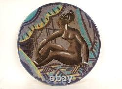 Large Sevres faience dish by André Naudy with Africanist naked woman Art Deco decoration