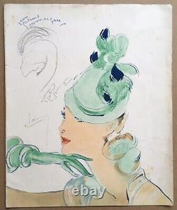 Lithography Jean-gabriel Domergue Portrait Woman Fashion Drawing Rooster Signed Crayon