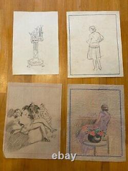 Lot of 9 Nude Portrait Drawings in Pencil on Paper of a Naked Woman 1920 Erotic Art Deco Antique