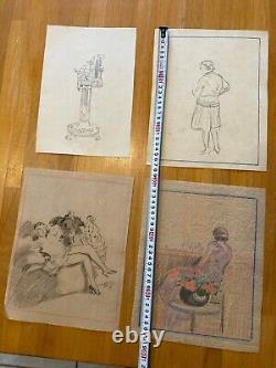 Lot of 9 Nude Portrait Drawings in Pencil on Paper of a Naked Woman 1920 Erotic Art Deco Antique
