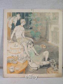 Ludwig Kainer Old Drawing Watercolor Women Interior New York Vintage Art Deco