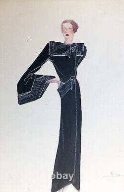 MADELEINE JEANNEST Original Drawing Art Deco 1930s Woman Dress #8