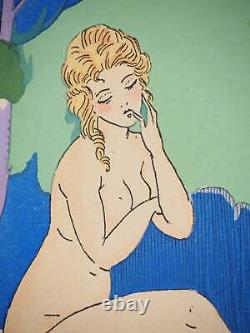 Maggy MONIER Art Deco, Thoughtful Women by the Stream, Signed Lithograph