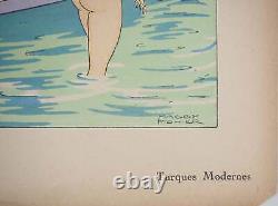 Maggy MONIER Art Deco, Turkish Bath among Women, Signed Lithograph and Stencil