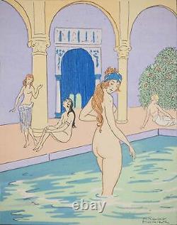 Maggy MONIER Art Deco, Turkish Bath among Women, Signed Lithograph and Stencil