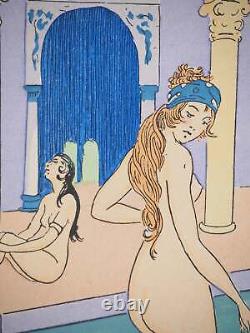 Maggy MONIER Art Deco, Turkish Bath among Women, Signed Lithograph and Stencil