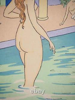 Maggy MONIER Art Deco, Turkish Bath among Women, Signed Lithograph and Stencil