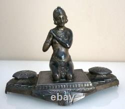 Magnificent Double Inkwell, Orientalist Woman, Art Deco, Silvered Regule, Brass