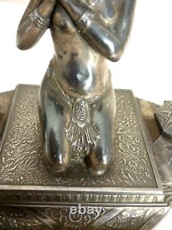 Magnificent Double Inkwell, Orientalist Woman, Art Deco, Silvered Regule, Brass