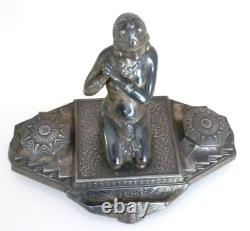 Magnificent Double Inkwell, Orientalist Woman, Art Deco, Silvered Regule, Brass