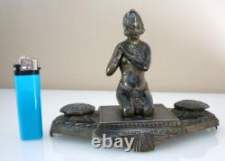 Magnificent Double Inkwell, Orientalist Woman, Art Deco, Silvered Regule, Brass