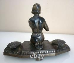 Magnificent Double Inkwell, Orientalist Woman, Art Deco, Silvered Regule, Brass