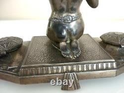 Magnificent Double Inkwell, Orientalist Woman, Art Deco, Silvered Regule, Brass