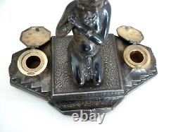 Magnificent Double Inkwell, Orientalist Woman, Art Deco, Silvered Regule, Brass