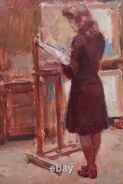 Maurice MAREELS (1893-1976) Female painter at easel workshop palette Belgium