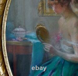Medallion Painting Pastel Young Woman Suzanne Hurel (1876-1956) Art Deco