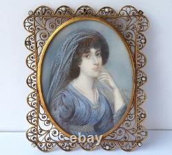 Miniature Portrait Young Woman Hand-painted Signed Um 1860 1880 Al965