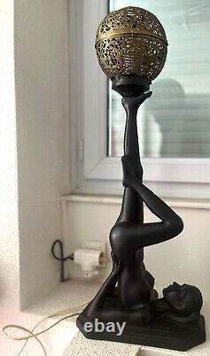 Naked Woman Lamp/ Brass Ideogram Globe/ Ceramic/ Art Deco Style