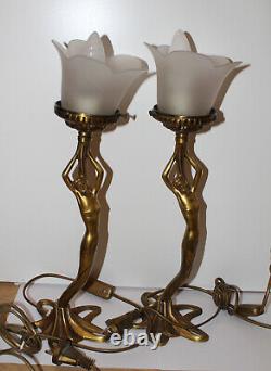 Naked Women's Lamps Signed P. Lucas Bronze Art Deco Glass Tulip