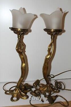 Naked Women's Lamps Signed P. Lucas Bronze Art Deco Glass Tulip