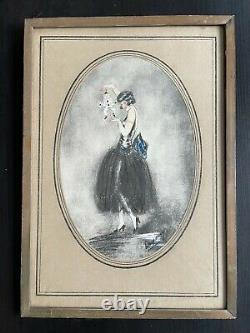 Nelly Degouy Rare Water Strong Signed Art Deco Young Woman & Puppet Frame