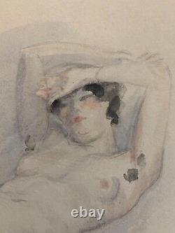 Nude Woman Lying Down, Watercolor Signed Agasse, circa 1930, Art Deco Period