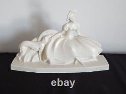 OLD Sculpture Cracked Ceramic Art Deco WOMAN with Greyhound Signed LEJAN