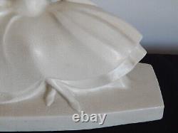 OLD Sculpture Cracked Ceramic Art Deco WOMAN with Greyhound Signed LEJAN