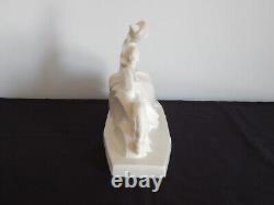 OLD Sculpture Cracked Ceramic Art Deco WOMAN with Greyhound Signed LEJAN