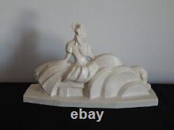 OLD Sculpture Cracked Ceramic Art Deco WOMAN with Greyhound Signed LEJAN