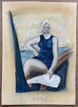 Oil Painting Art Deco Portrait Woman Fashion Swimsuit Sea Cap 20th Boat
