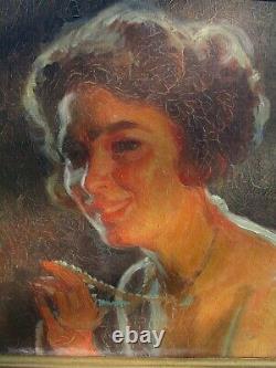 Oil Painting On Canvas Former Pierre Bonnaud Woman At The Art Deco Necklace Portrait