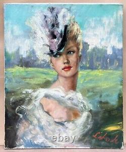 Oil Painting Portrait of Sensual Blonde Pin Up Woman with Hat Fashion Signed 1940s