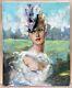 Oil Painting Portrait Of Sensual Blonde Pin Up Woman With Hat Fashion Signed 1940s