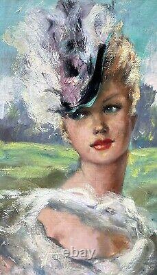 Oil Painting Portrait of Sensual Blonde Pin Up Woman with Hat Fashion Signed 1940s