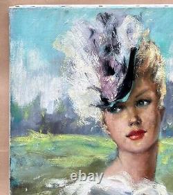 Oil Painting Portrait of Sensual Blonde Pin Up Woman with Hat Fashion Signed 1940s